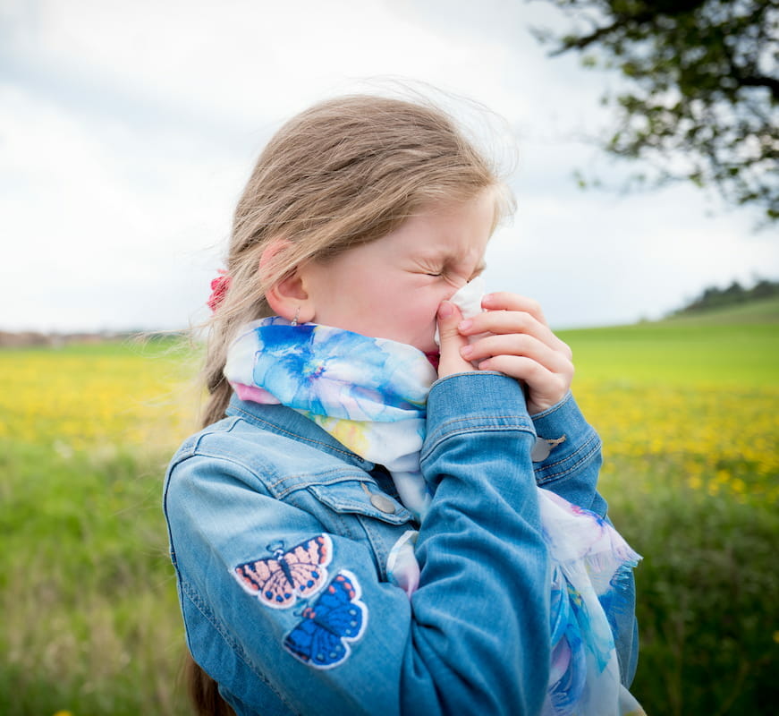 a child blowing her nose due to hayfever allergies