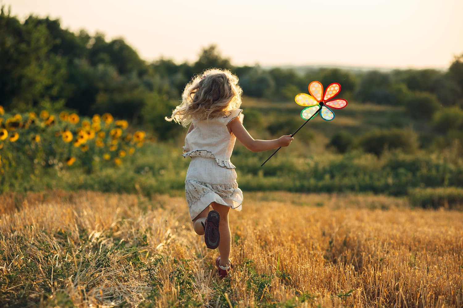 A girl running through a field on a summer's evening holding a toy windmill