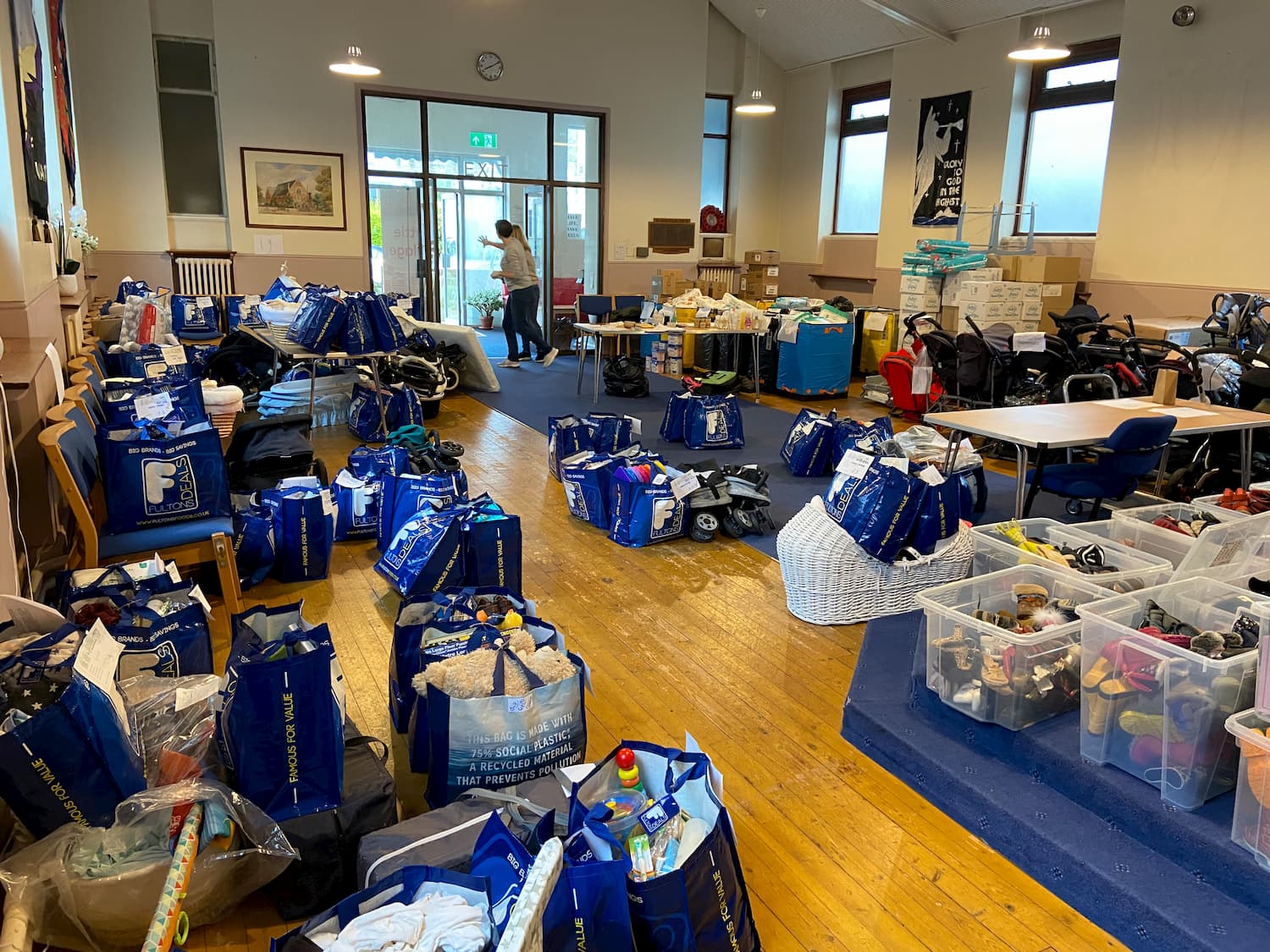 A room filled with donations for a children's charity